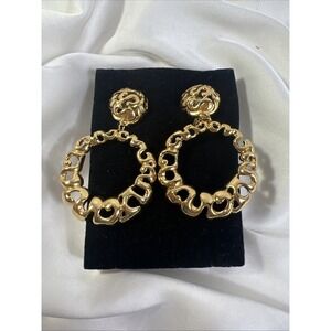 VTG Gold‎ Tone Hoop Circle Circular Swirl Texture Dangle Drop Clip On Earrings